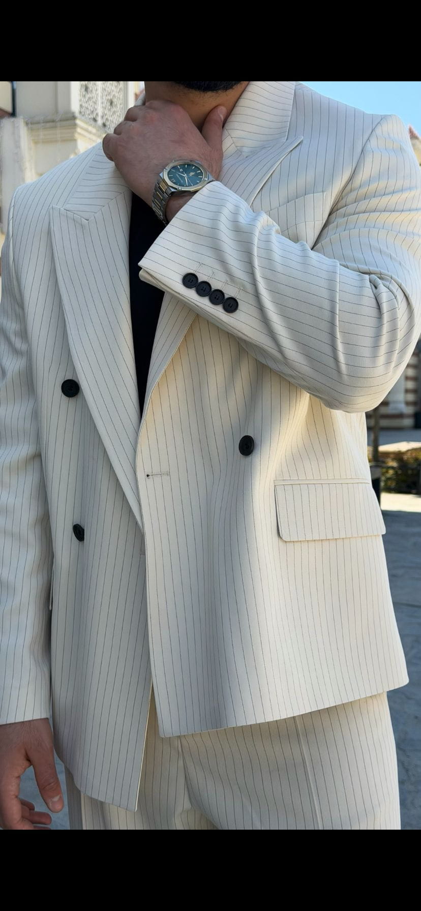 Beige Pinstripe Double Breasted Suit for Men