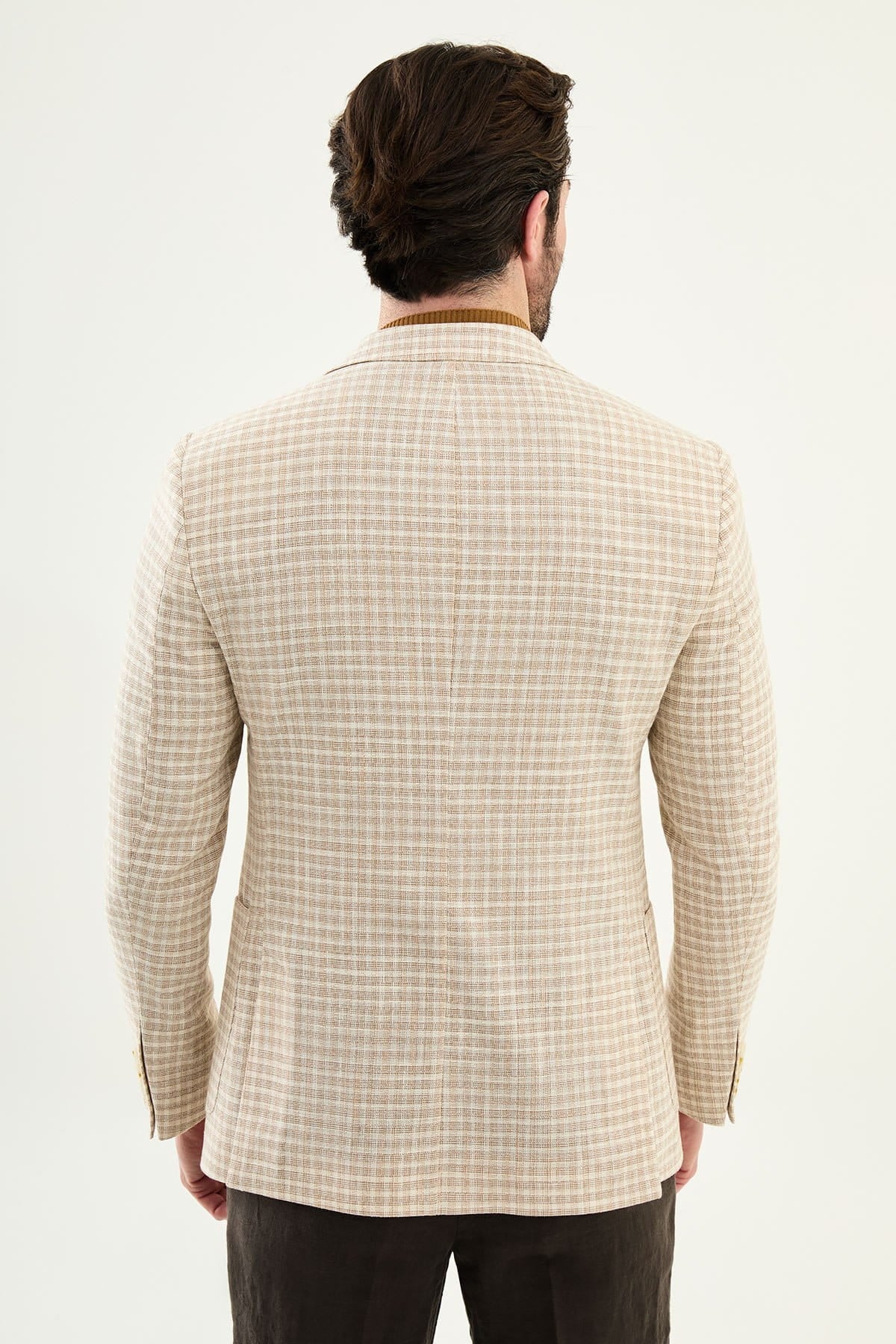 Beige Slim Fit Linen Blend Plaid Blazer