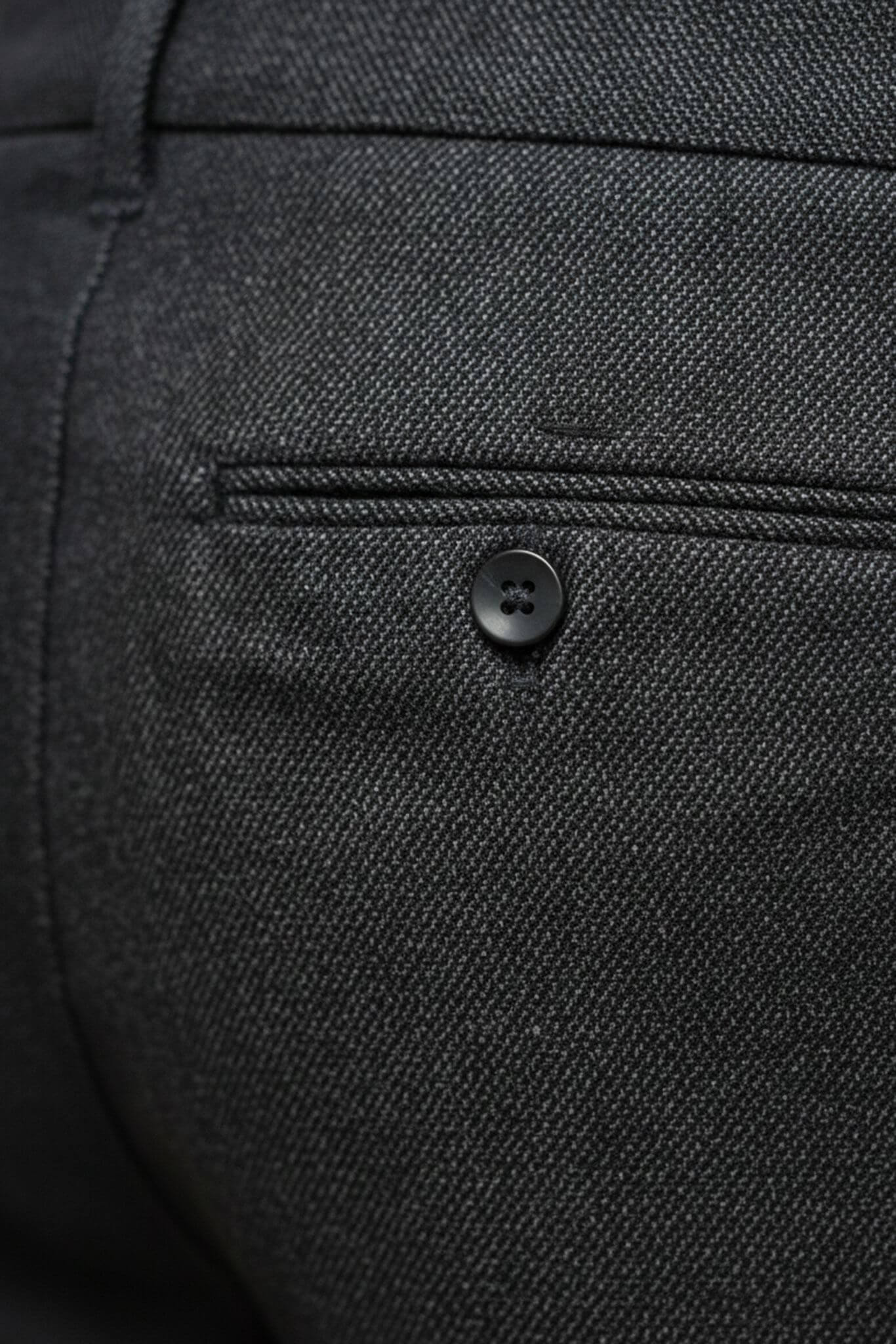 Close-up of dark gray pants with a button on the pocket