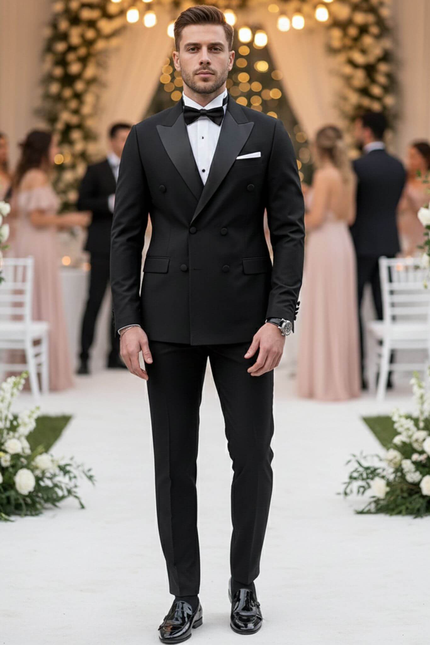 Man in a black tuxedo standing in a wedding setting with decorations and guests.