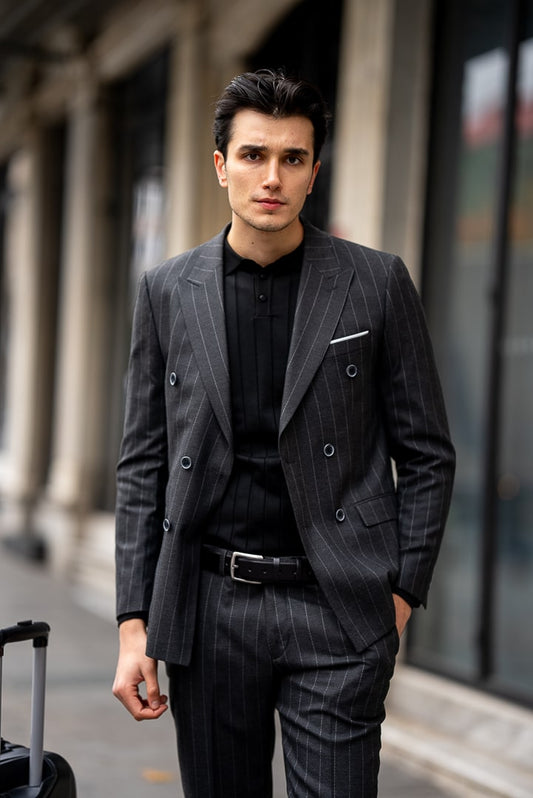 A man wearing a charcoal pinstripe double-breasted suit with peak lapels and a six-button front closure. He is paired with a black shirt and has a belt with a silver buckle.