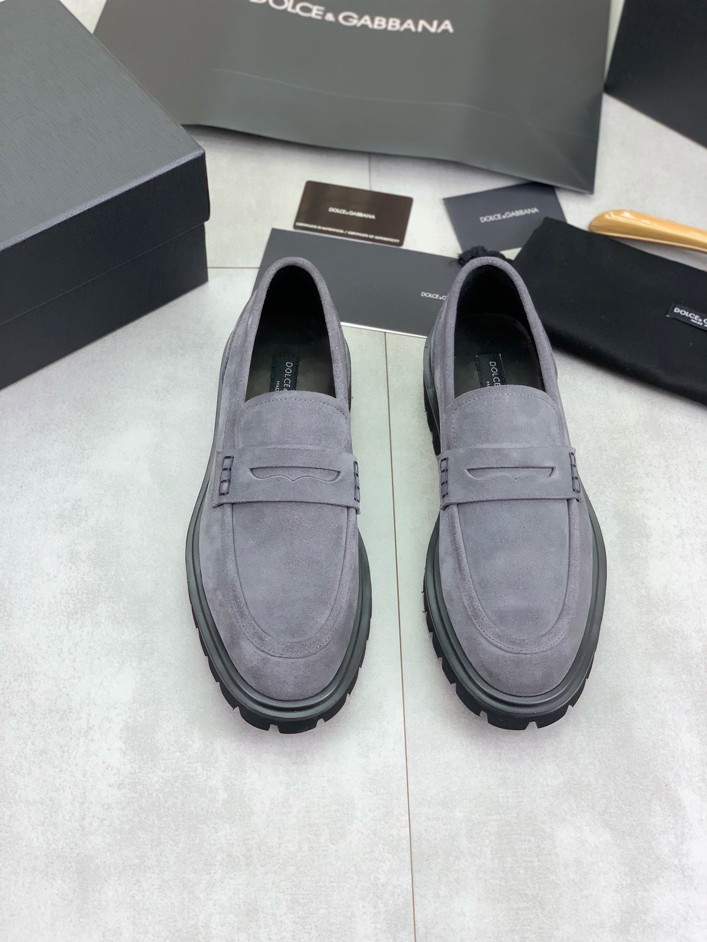 Dolce & Gabbana Altavilla Grey Suede Lug-Sole Penny Loafers