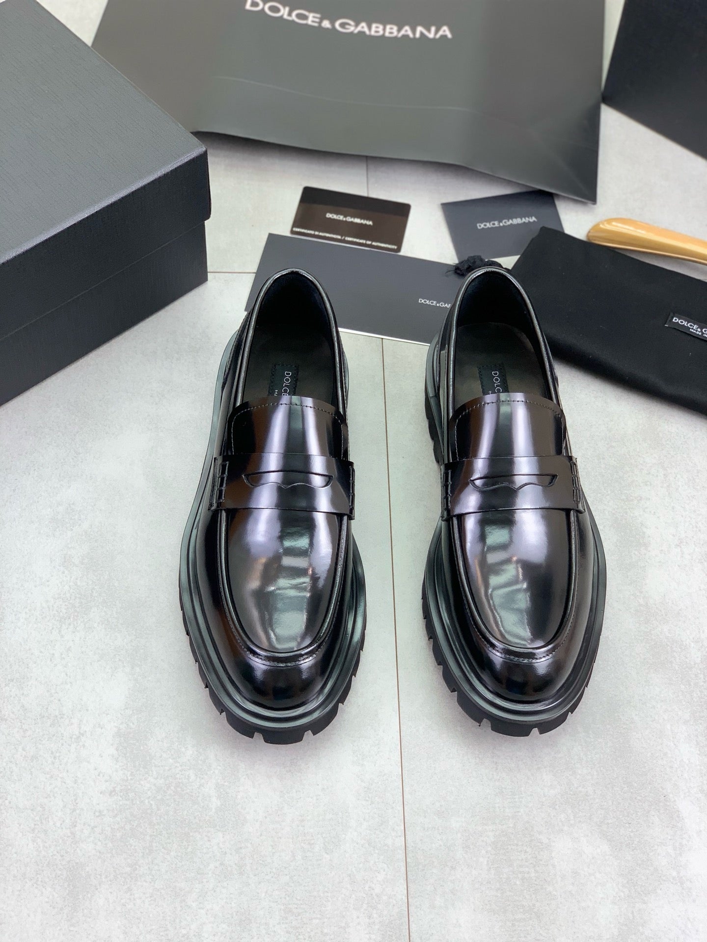 Dolce & Gabbana Black Glossy Leather Lug-Sole Penny Loafers