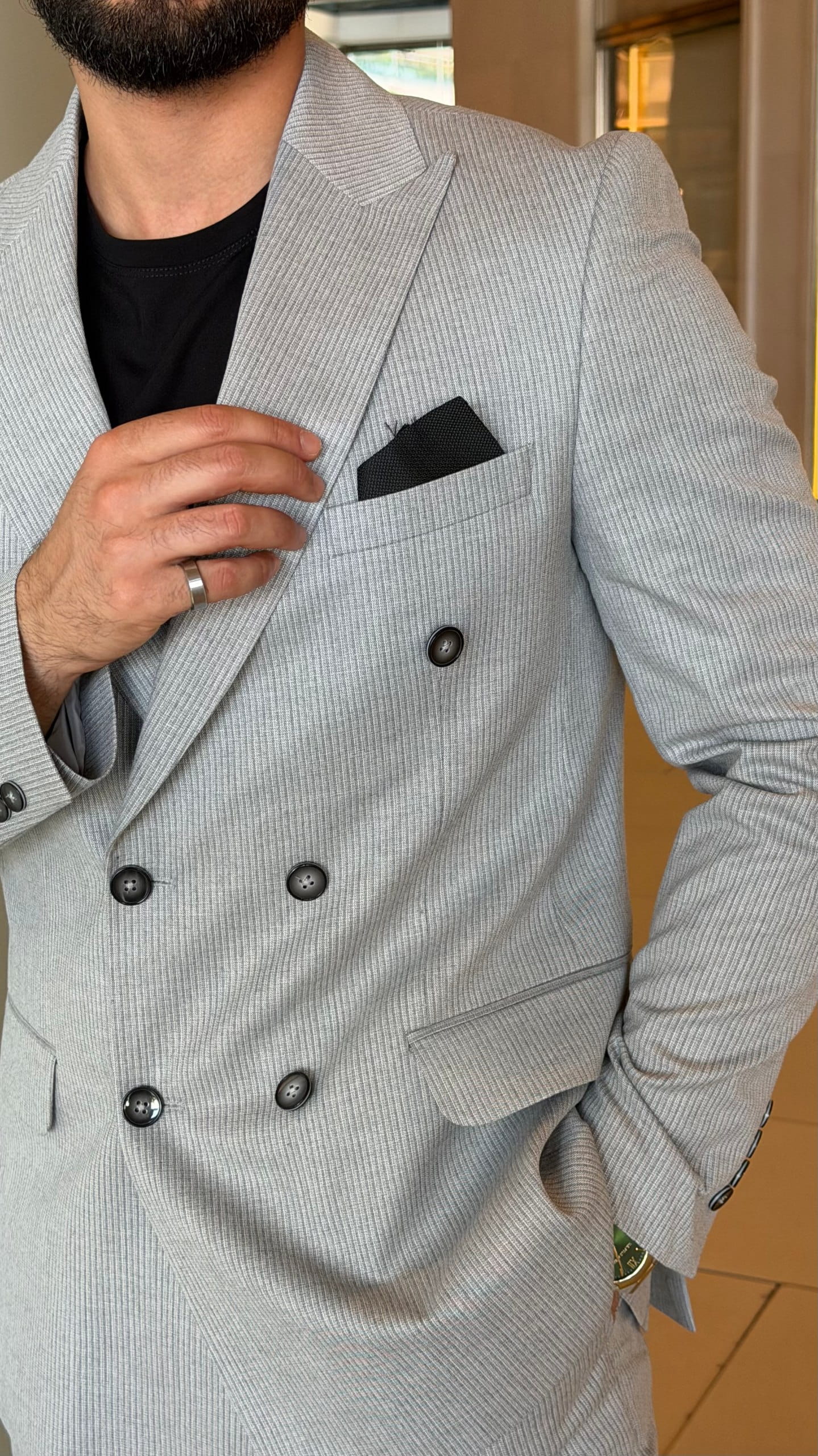Textured light gray two-piece wedding suit styling
