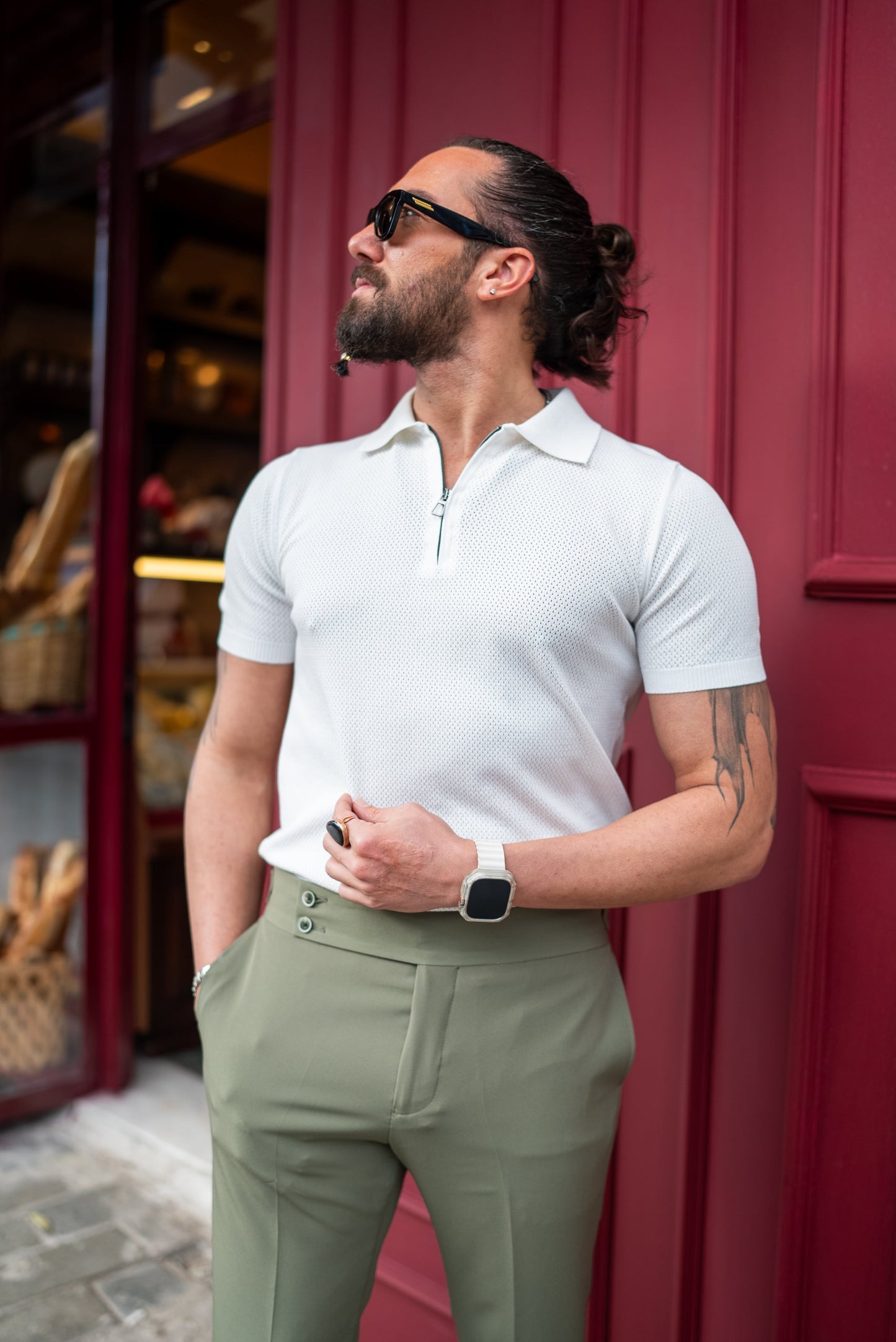 White Zipper Collar Knit T-Shirt