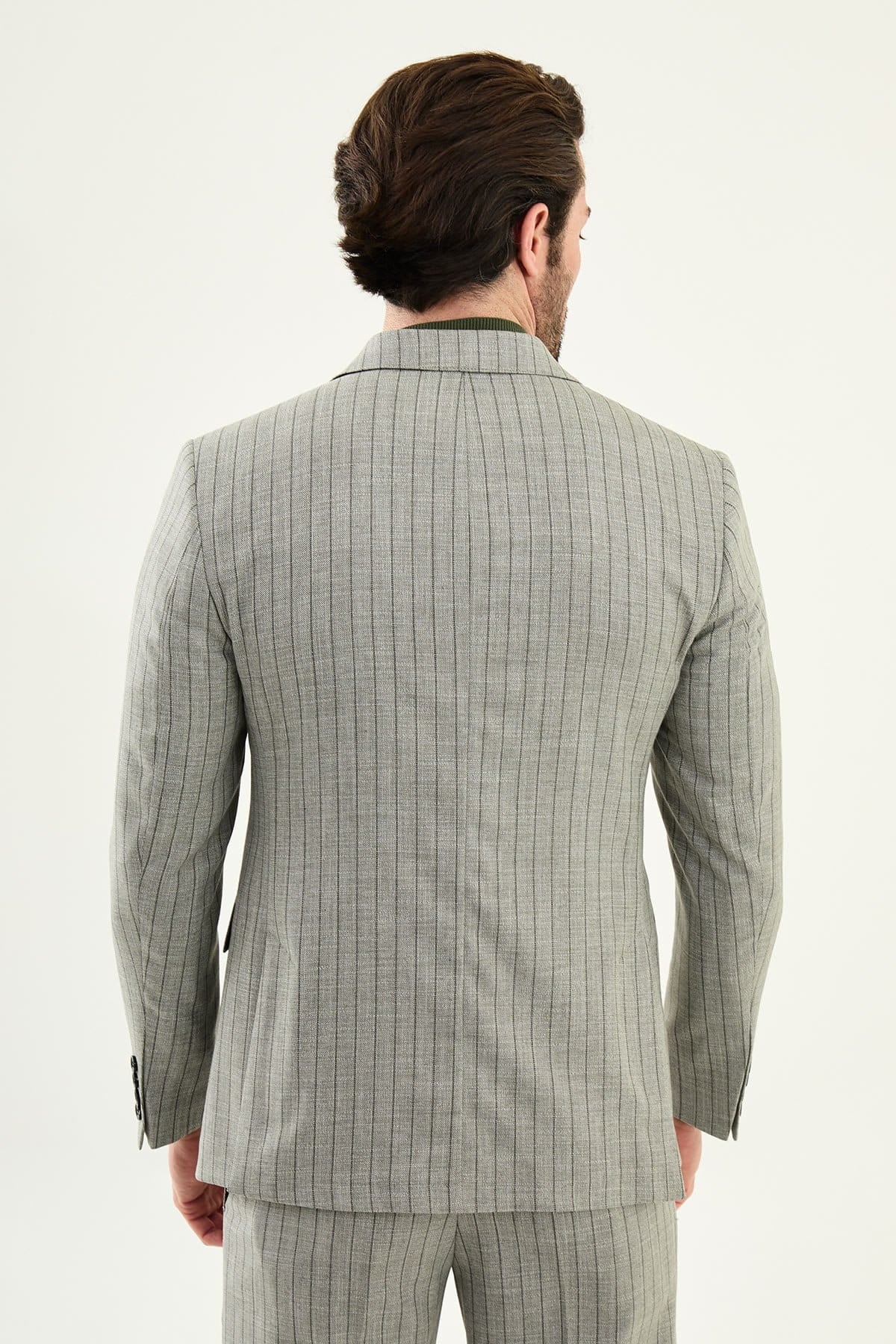 Khaki Slim Fit Double Breasted Pinstripe Blazer Suit