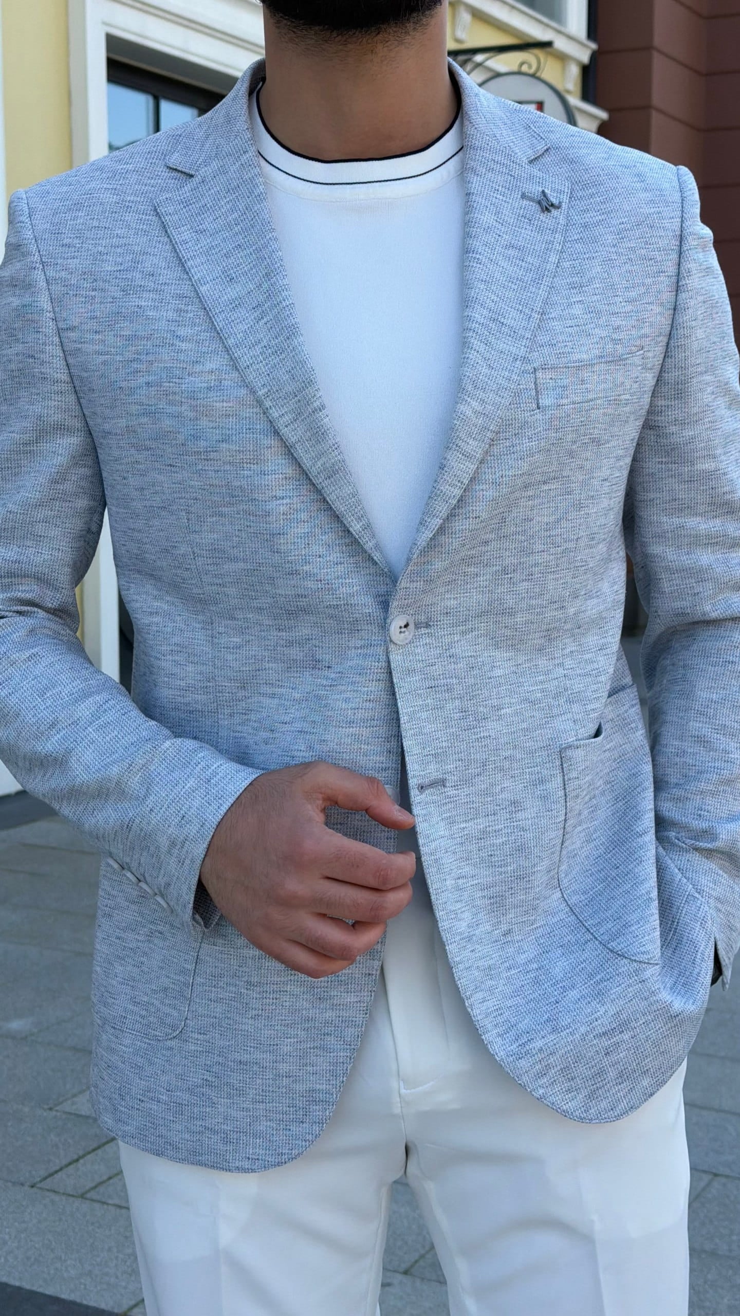 Light Blue Textured Linen Blend Blazer for Men