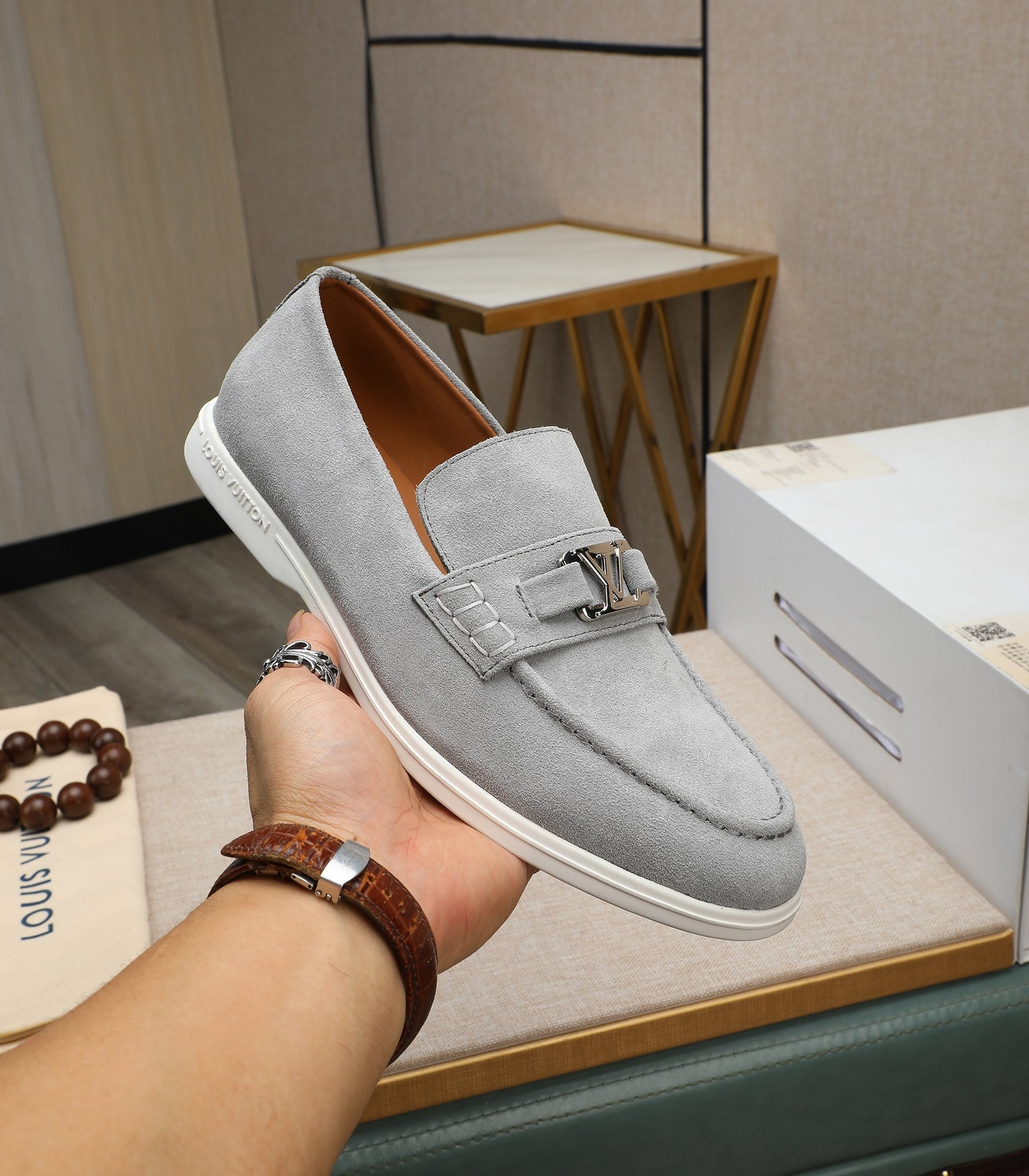 Louis Vuitton LV Misty Grey Suede Slip Ons SUITHARBOR