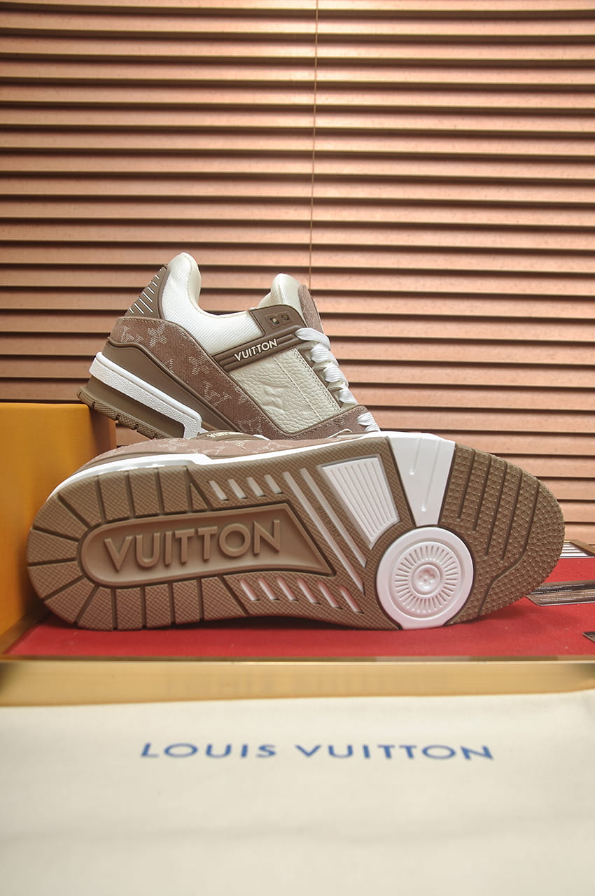 Louis Vuitton LV Trainer Sneakers in Brown and White Monogram Denim