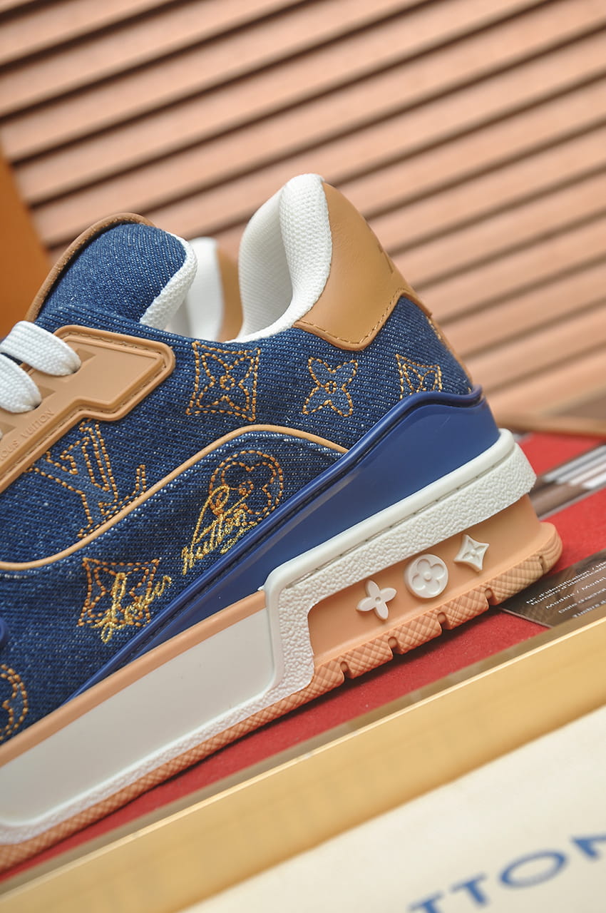 Louis Vuitton Trainer Sneakers in Blue Denim and Tan