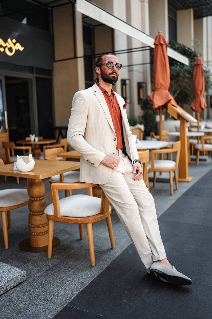 Men’s luxury beige pinstripe suit – breathable cotton blend, elastic waist