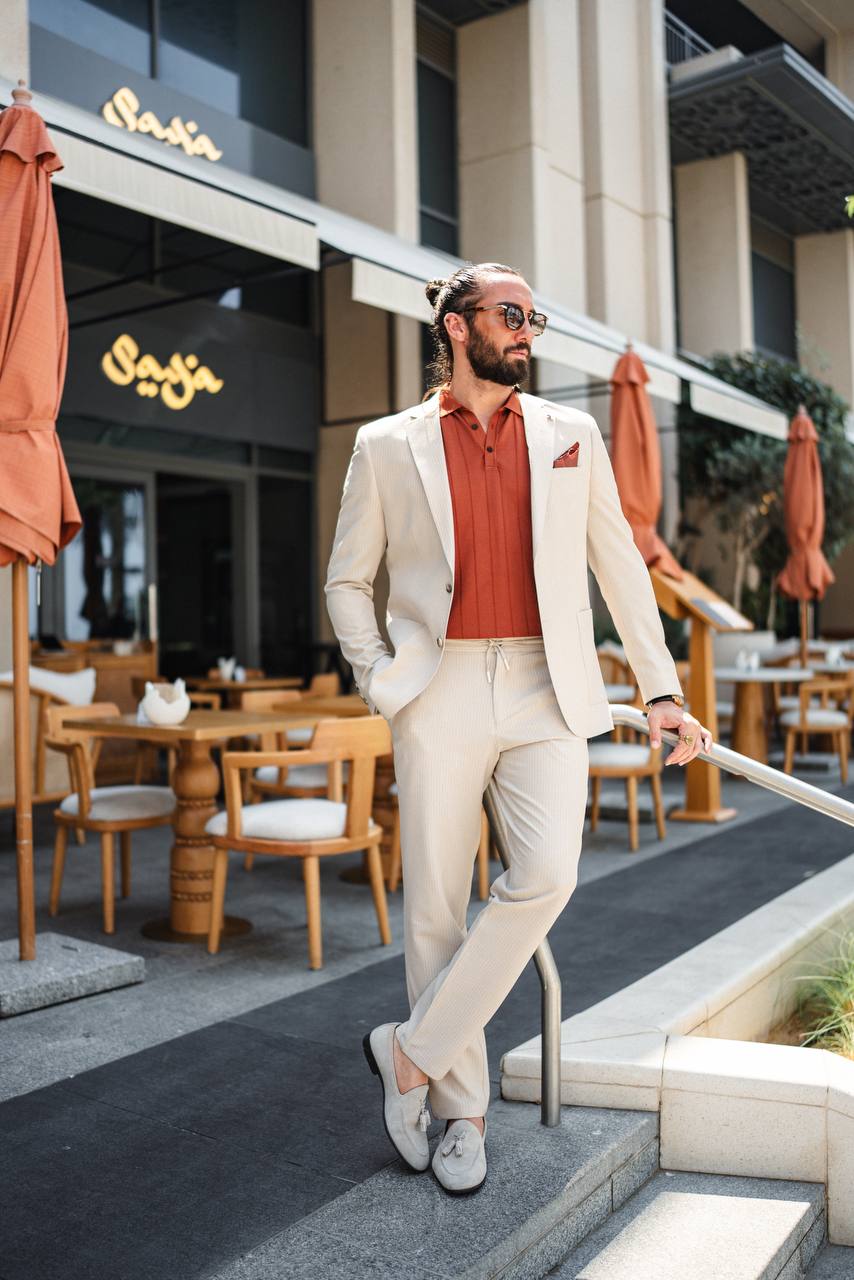 Luxury beige pinstripe suit for men – tailored fit, perfect for summer weddings