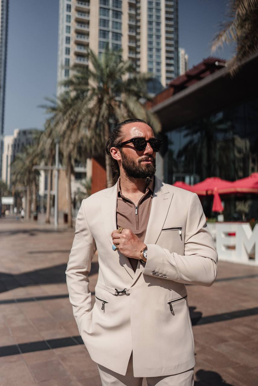 Full-length shot of beige slim-fit suit for business and social occasions