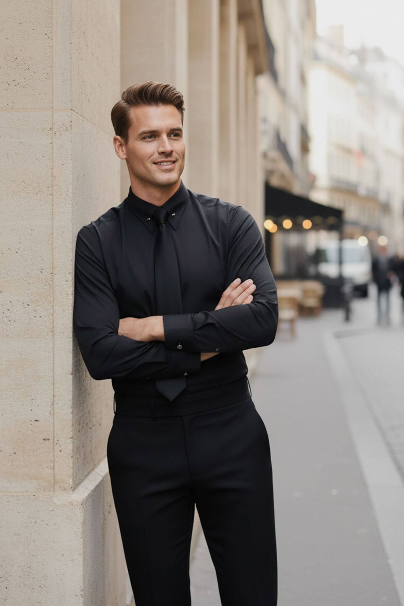 Man in a Men's Black Pin Collar Dress Shirt standing against a city street background