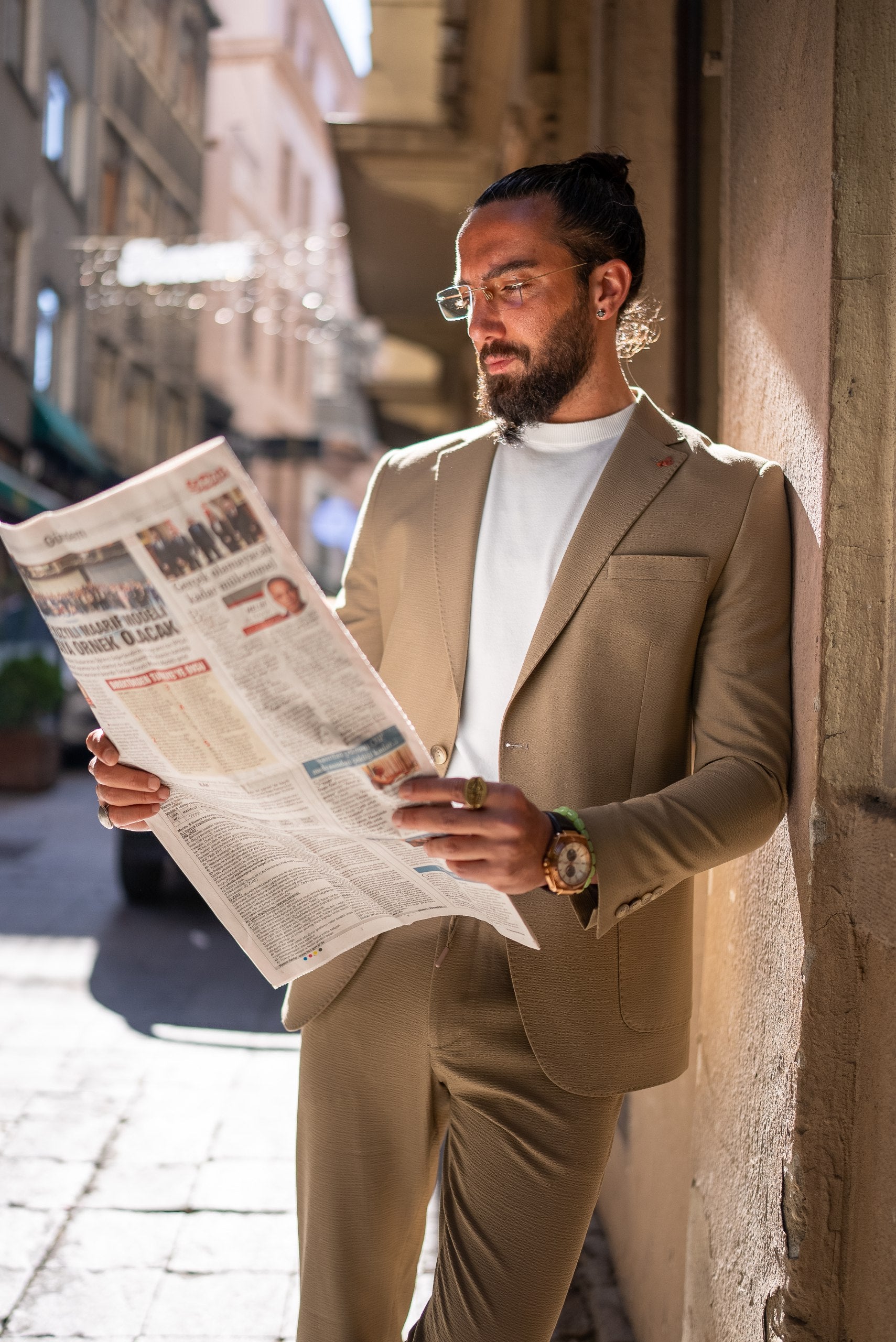 Sophisticated camel slim-fit summer suit with lightweight fabric for warm-weather events and weddings