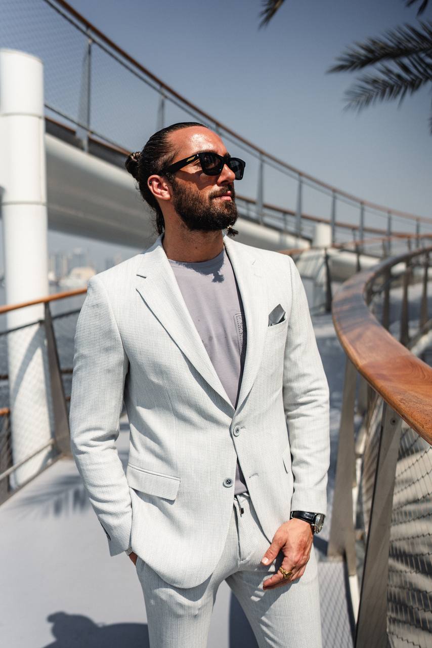 Full-length shot of gray tailored suit for modern business and events