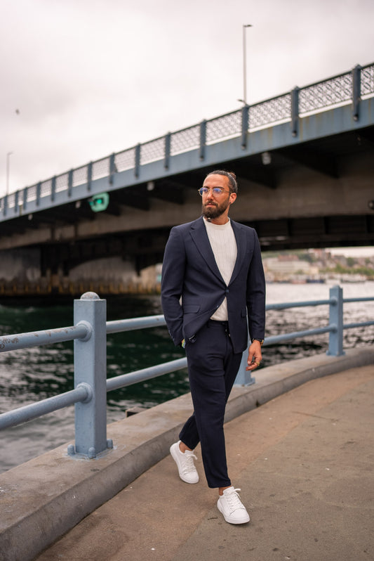Men’s Navy Blue Tailored Summer Suit – Front View by SUITHARBOR