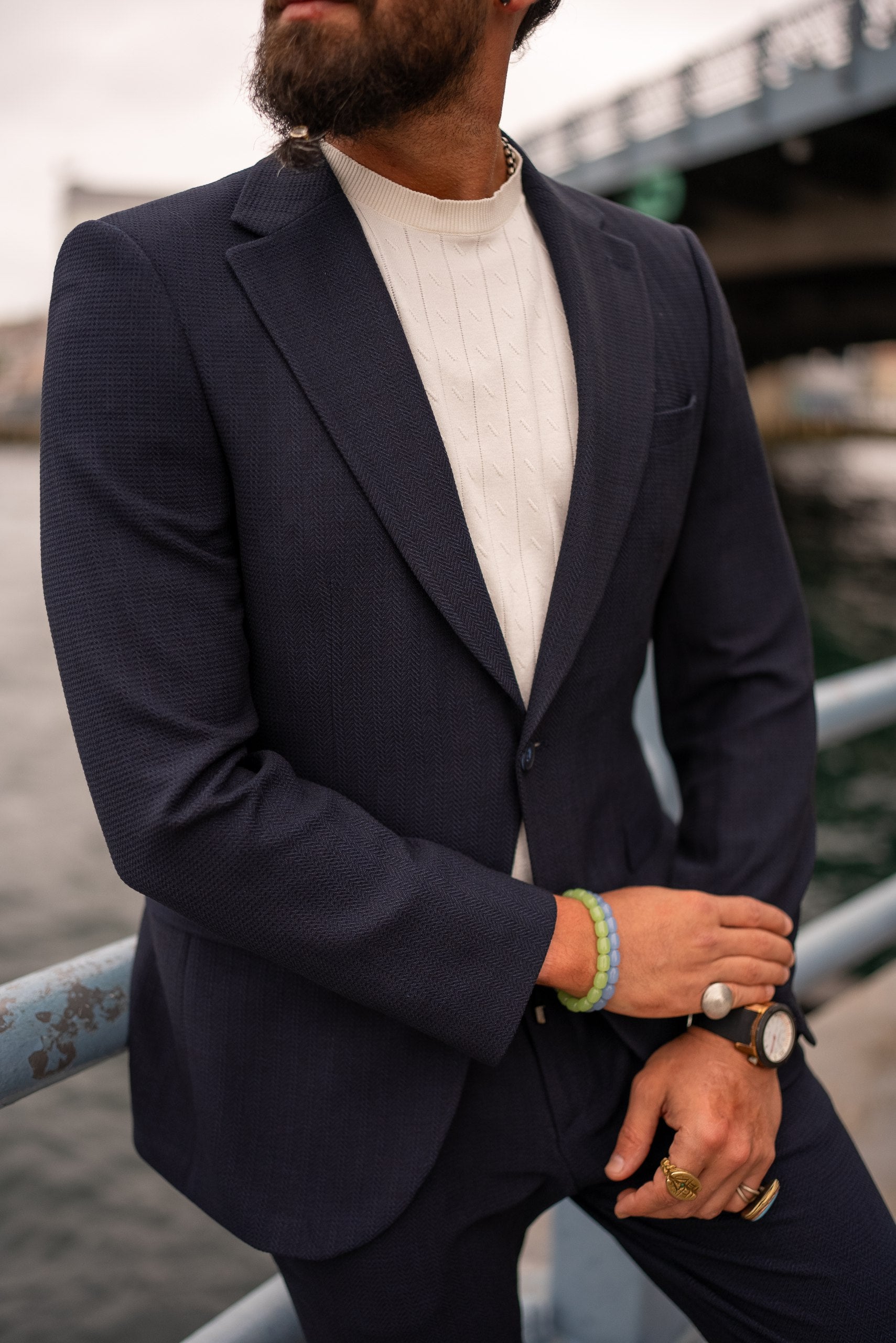 Close-Up of Navy Blue Lightweight Summer Suit for Men