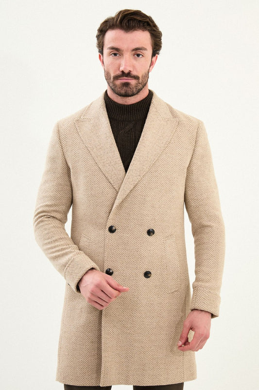 Men’s Beige Herringbone Double-Breasted Slim Fit Coat