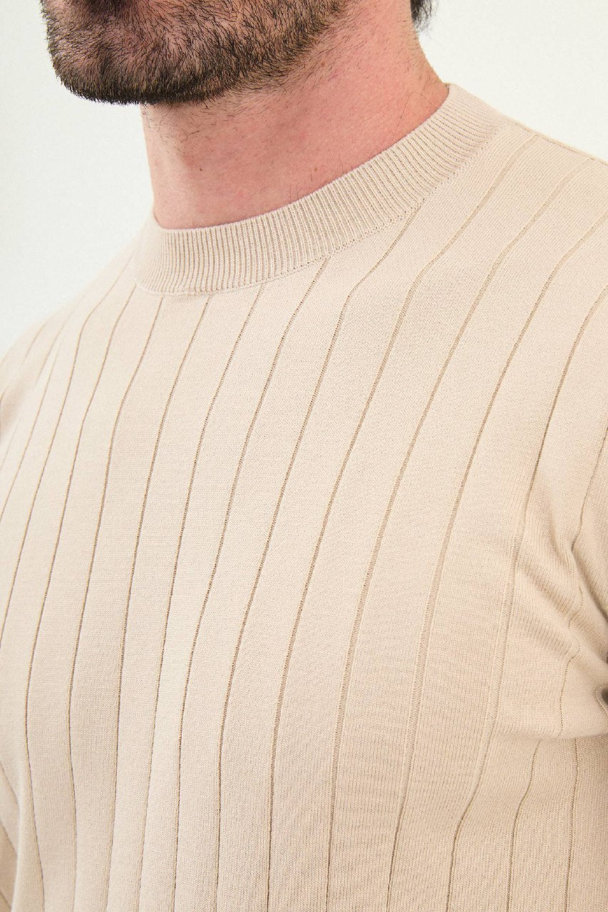 Men’s Beige Ribbed Slim Fit Knitwear Sweater