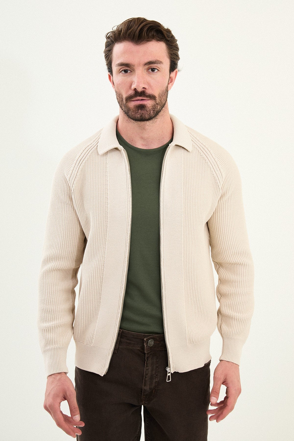 Men’s Beige Ribbed Slim Fit Zip-Up Knitwear Cardigan Sweater