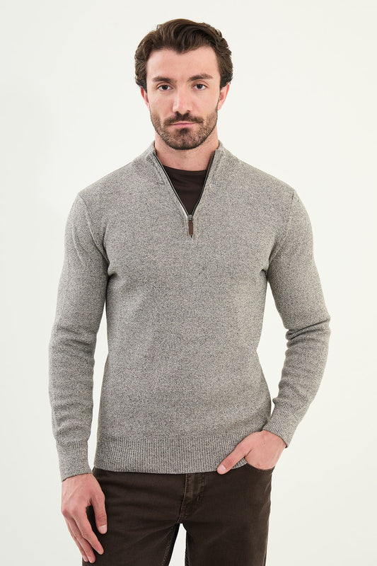 Man wearing a gray sweater with a zipper on a white background