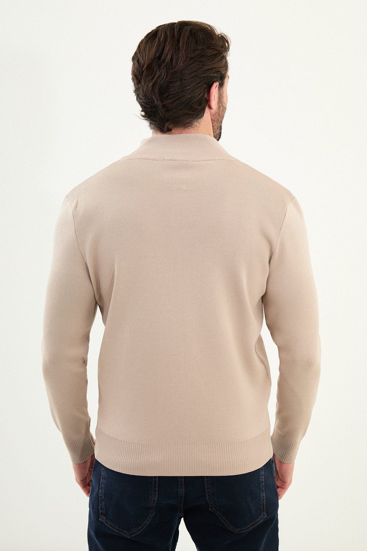 Men’s Beige Stand Collar Zip Knit Jacket