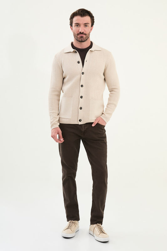 Men’s Beige Textured Button-Up Knit Cardigan