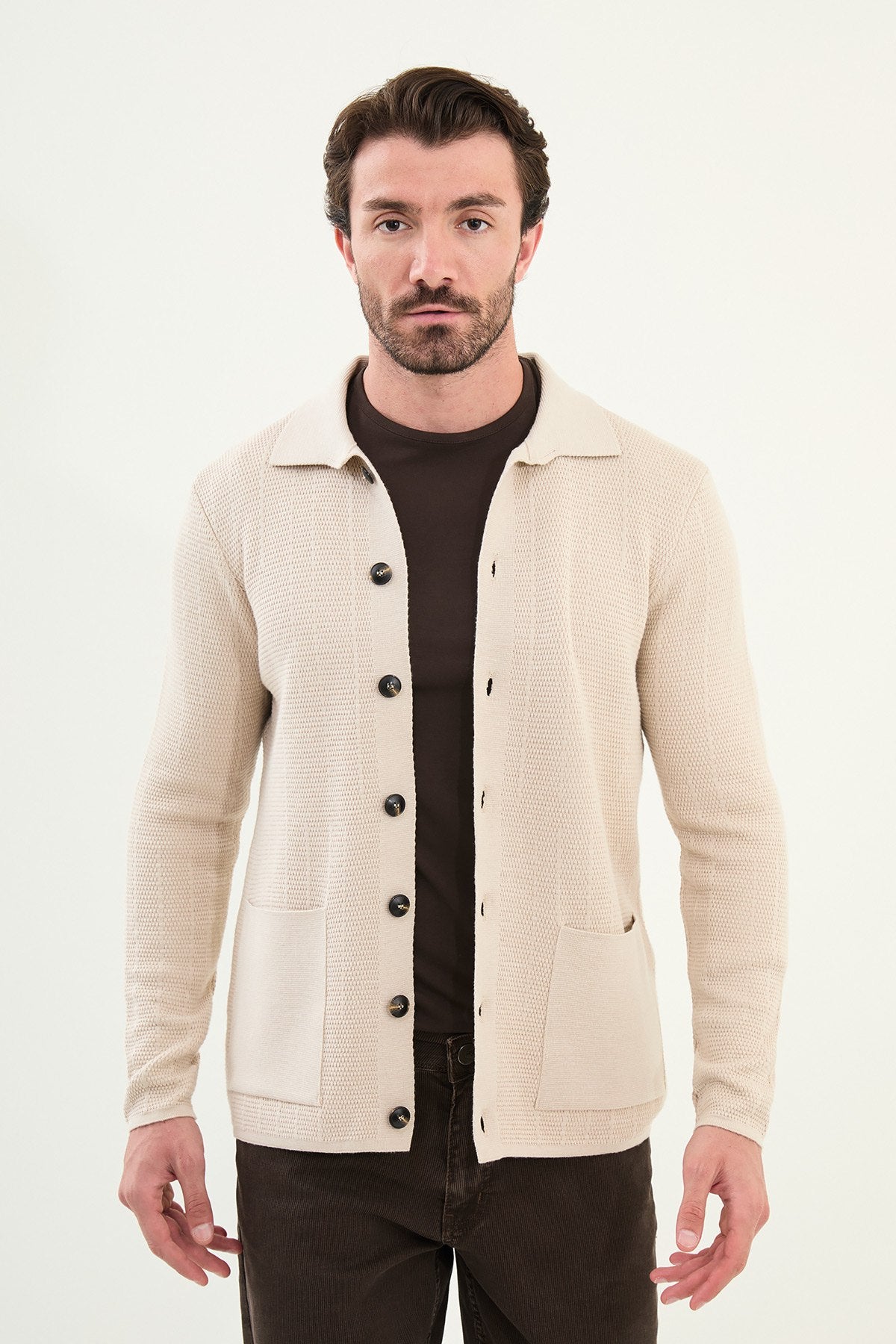 Men’s Beige Textured Button-Up Knit Cardigan