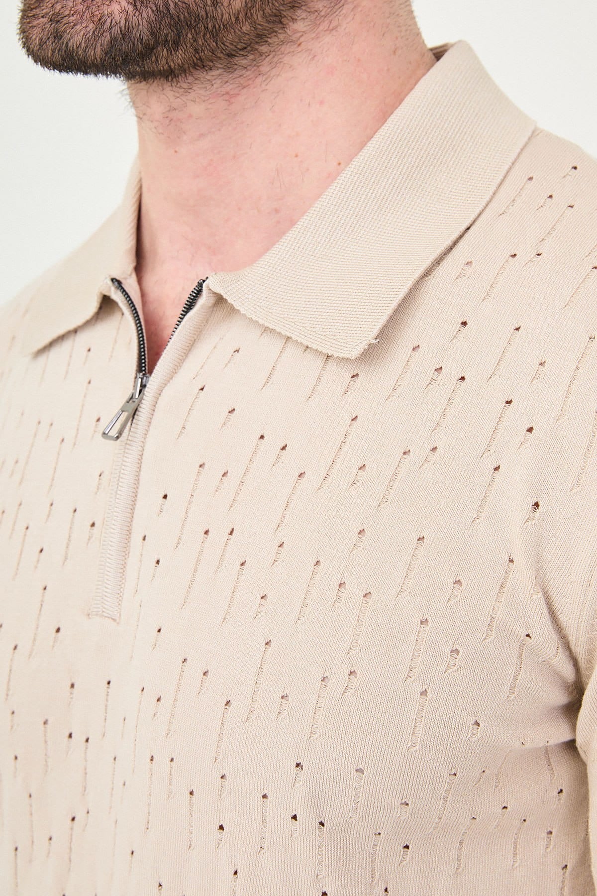 Men’s Beige Textured Zip Polo T-Shirt
