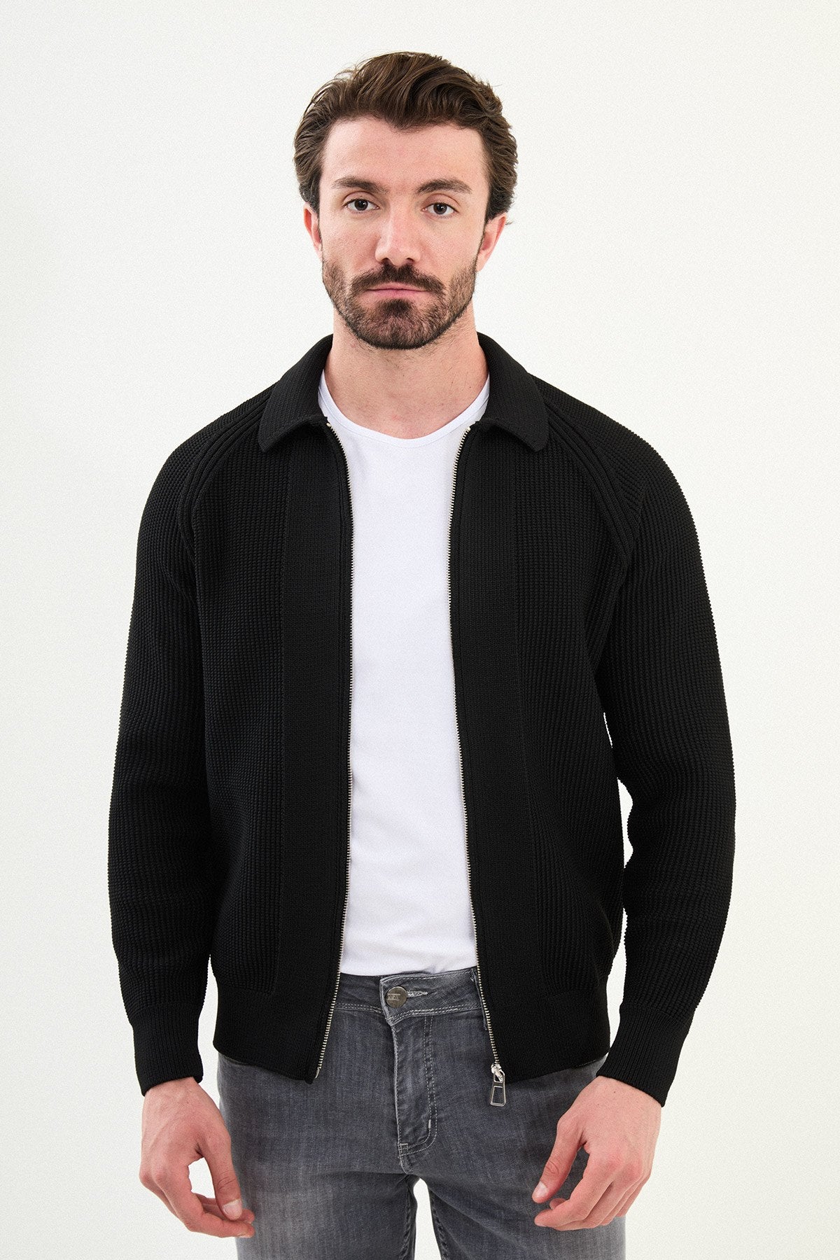 Men’s Black Ribbed Slim Fit Zip-Up Knitwear Cardigan Sweater