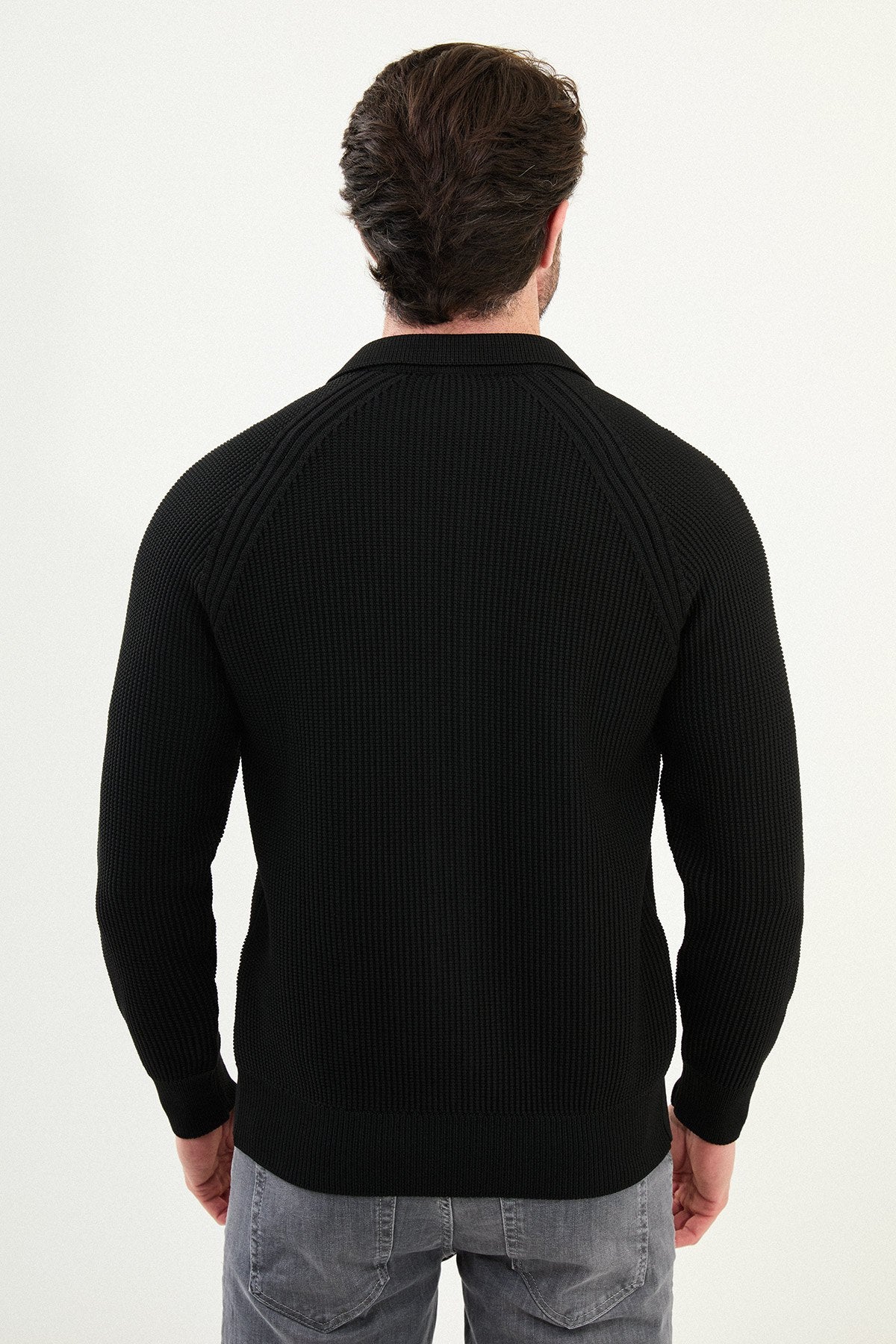 Men’s Black Ribbed Slim Fit Zip-Up Knitwear Cardigan Sweater