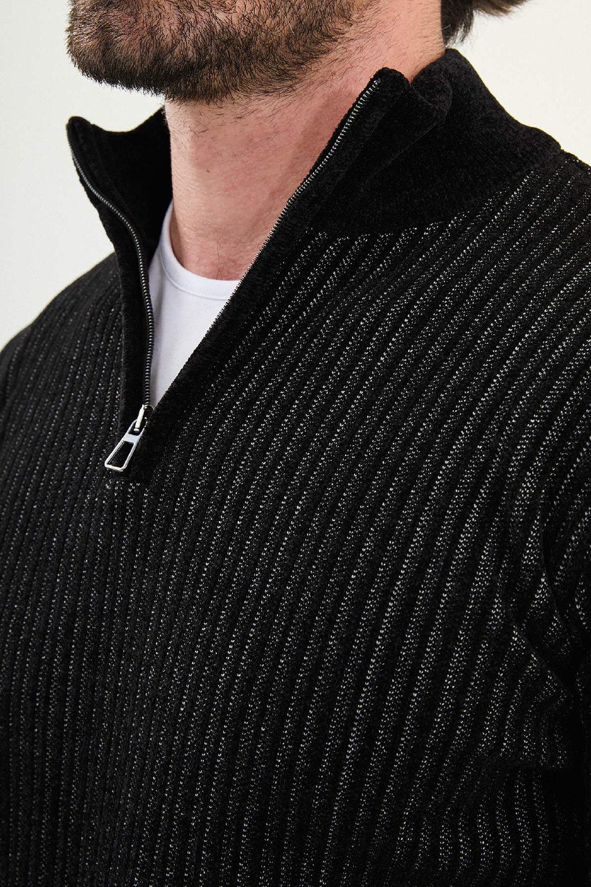 Men’s Black Ribbed Stripe Half-Zip Knitwear Sweater