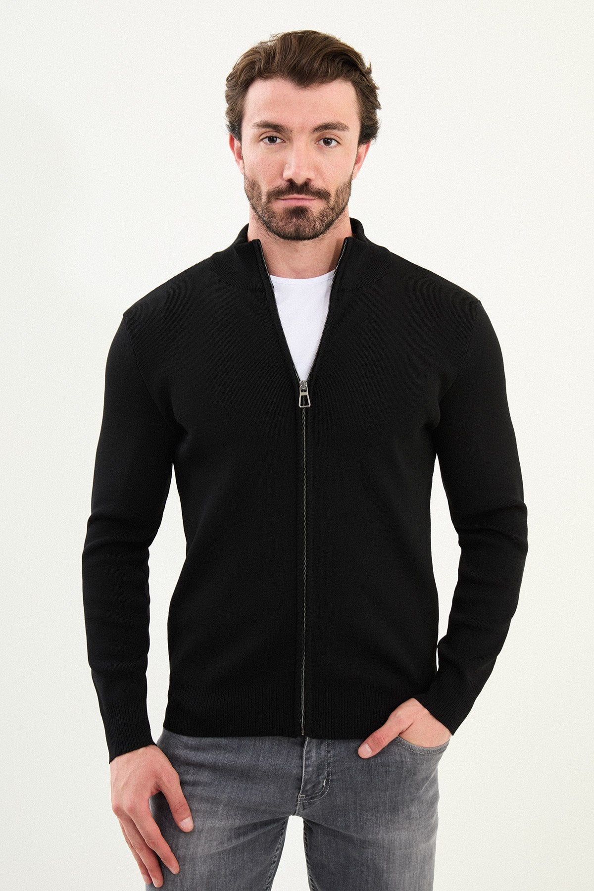 Men’s Black Stand Collar Zip Knit Jacket