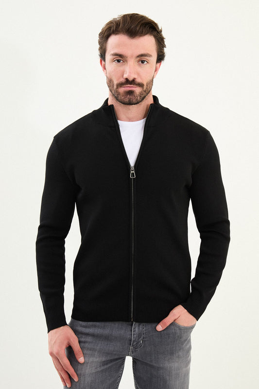 Men’s Black Stand Collar Zip Knit Cardigan Jacket