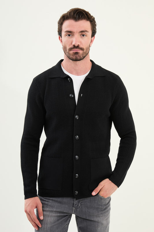 Men’s Black Textured Button-Up Knit Cardigan