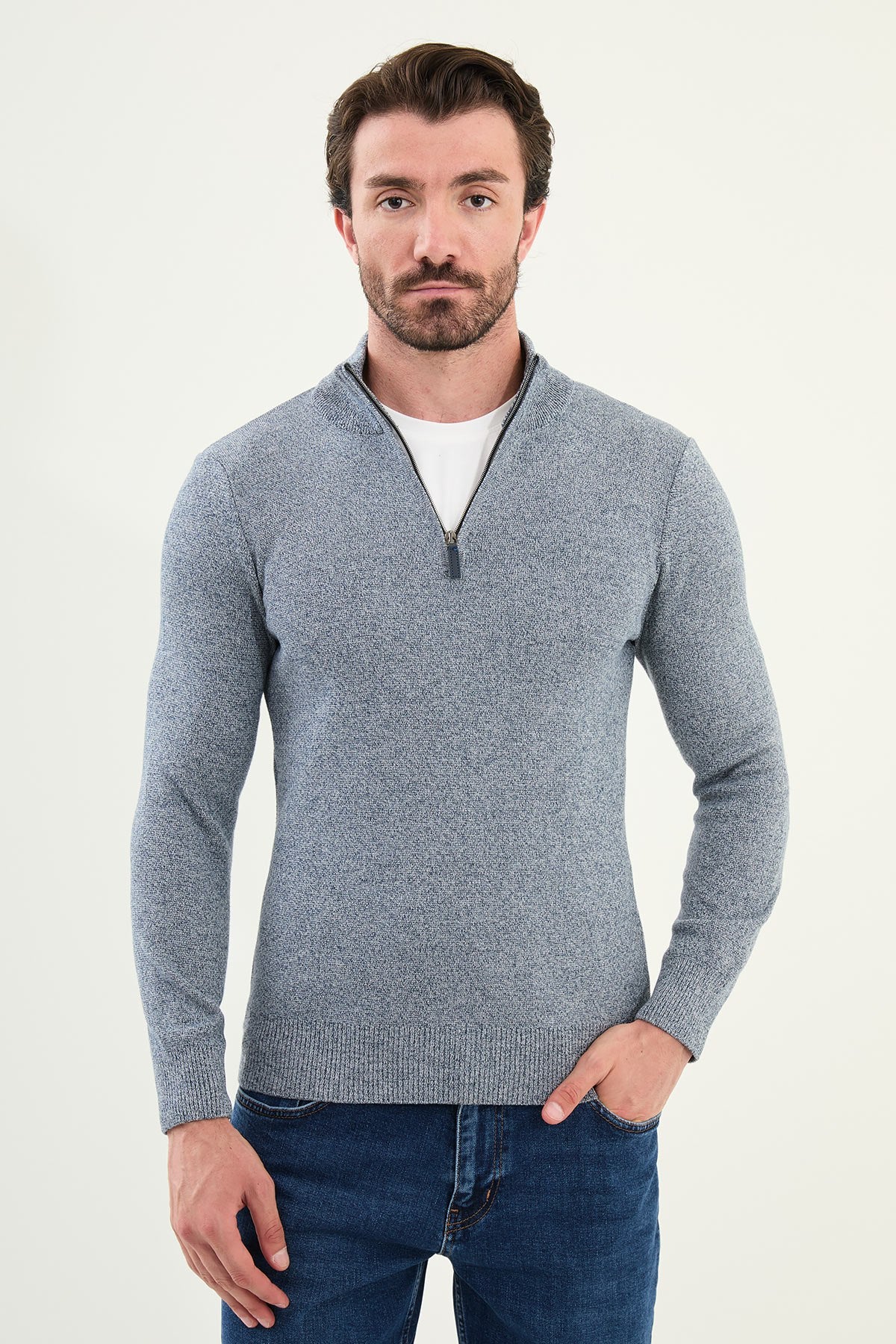 Men’s Blue Slim Fit Half-Zip Knitwear Sweater