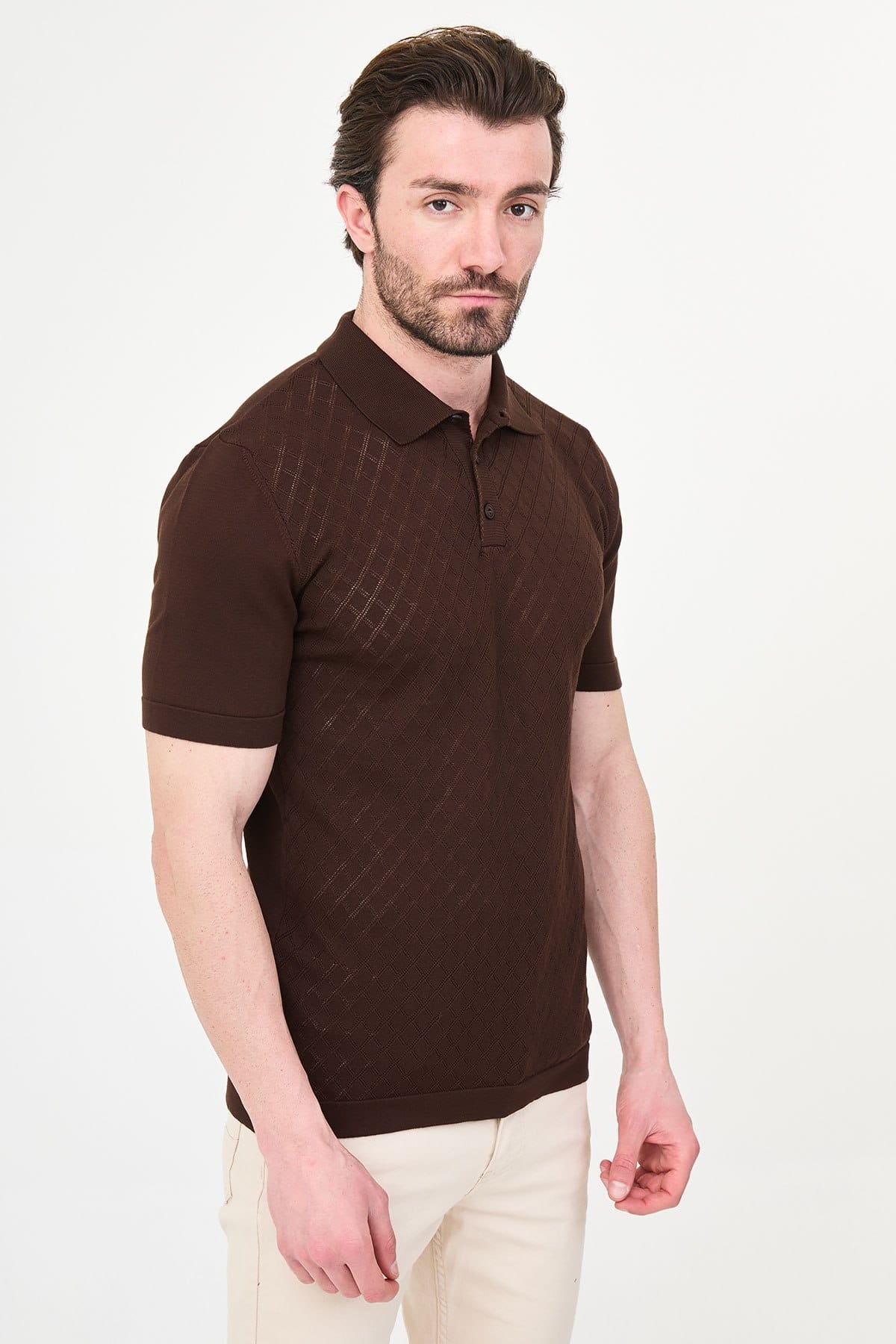 Men’s Brown Diamond Textured Polo T-Shirt