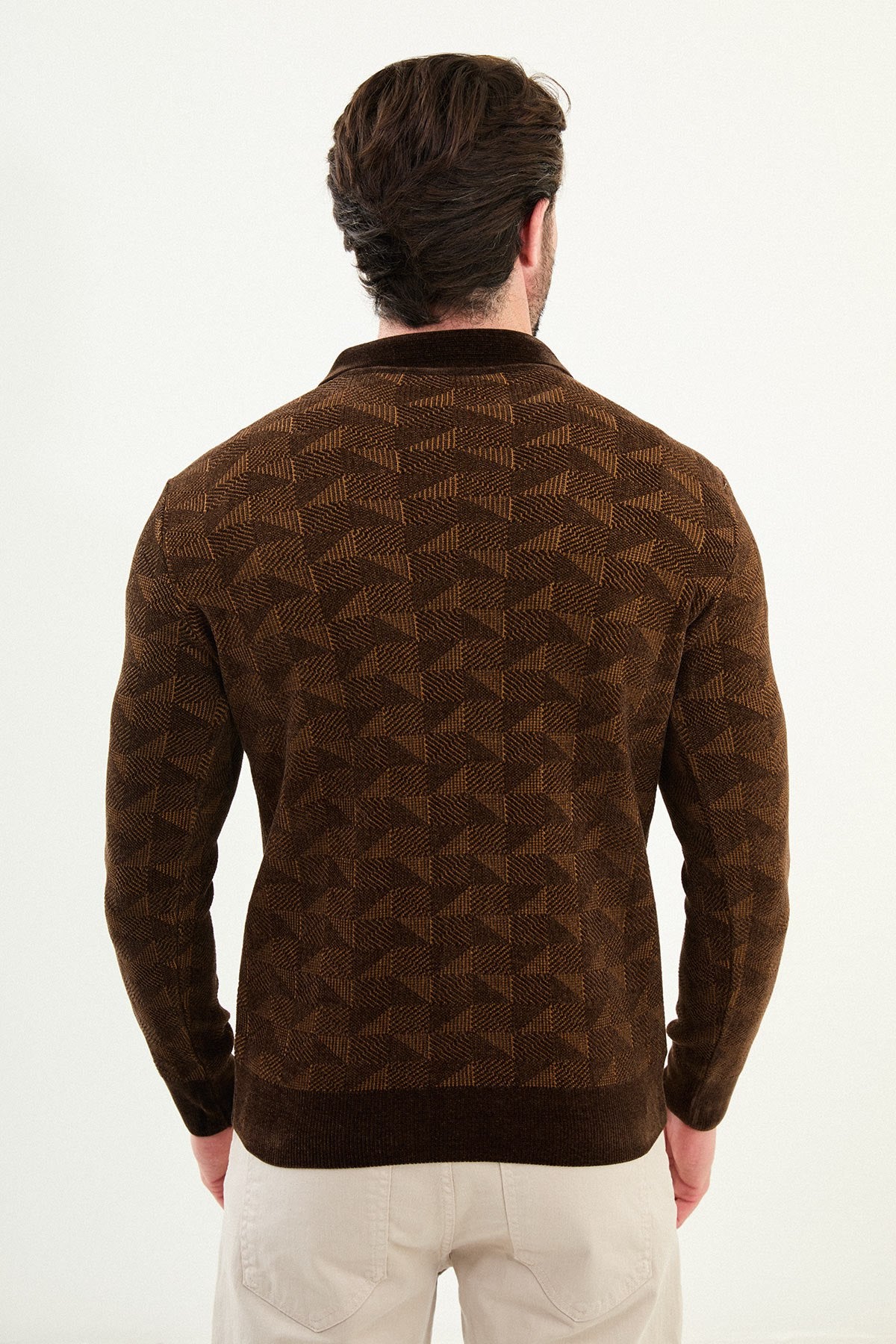 Men’s Brown Geometric Half-Zip Knitwear Sweater