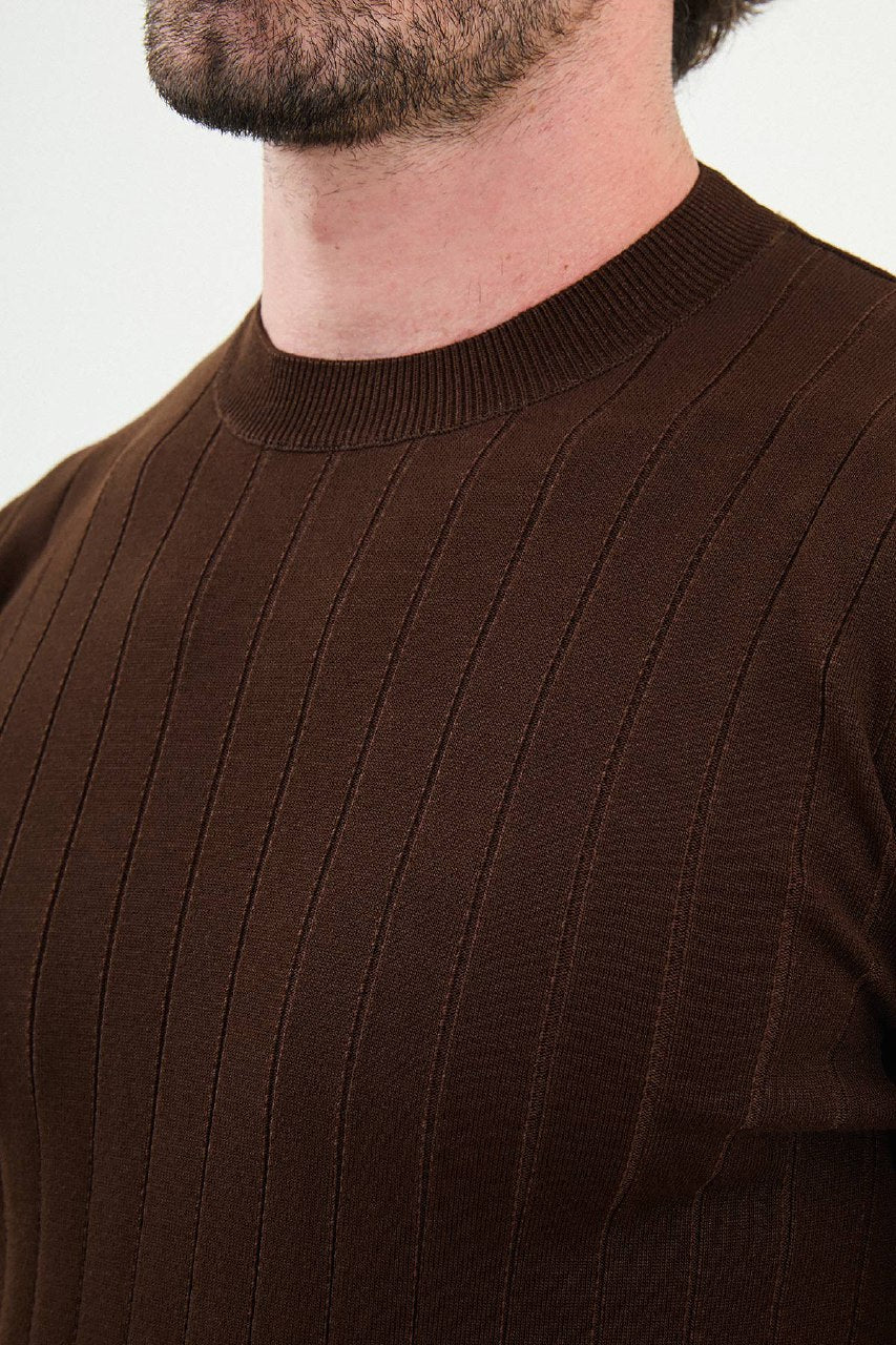 Men’s Brown Ribbed Slim Fit Knitwear Sweater