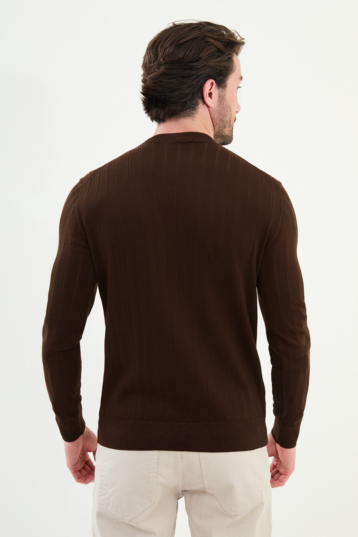 Men’s Brown Ribbed Slim Fit Knitwear Sweater