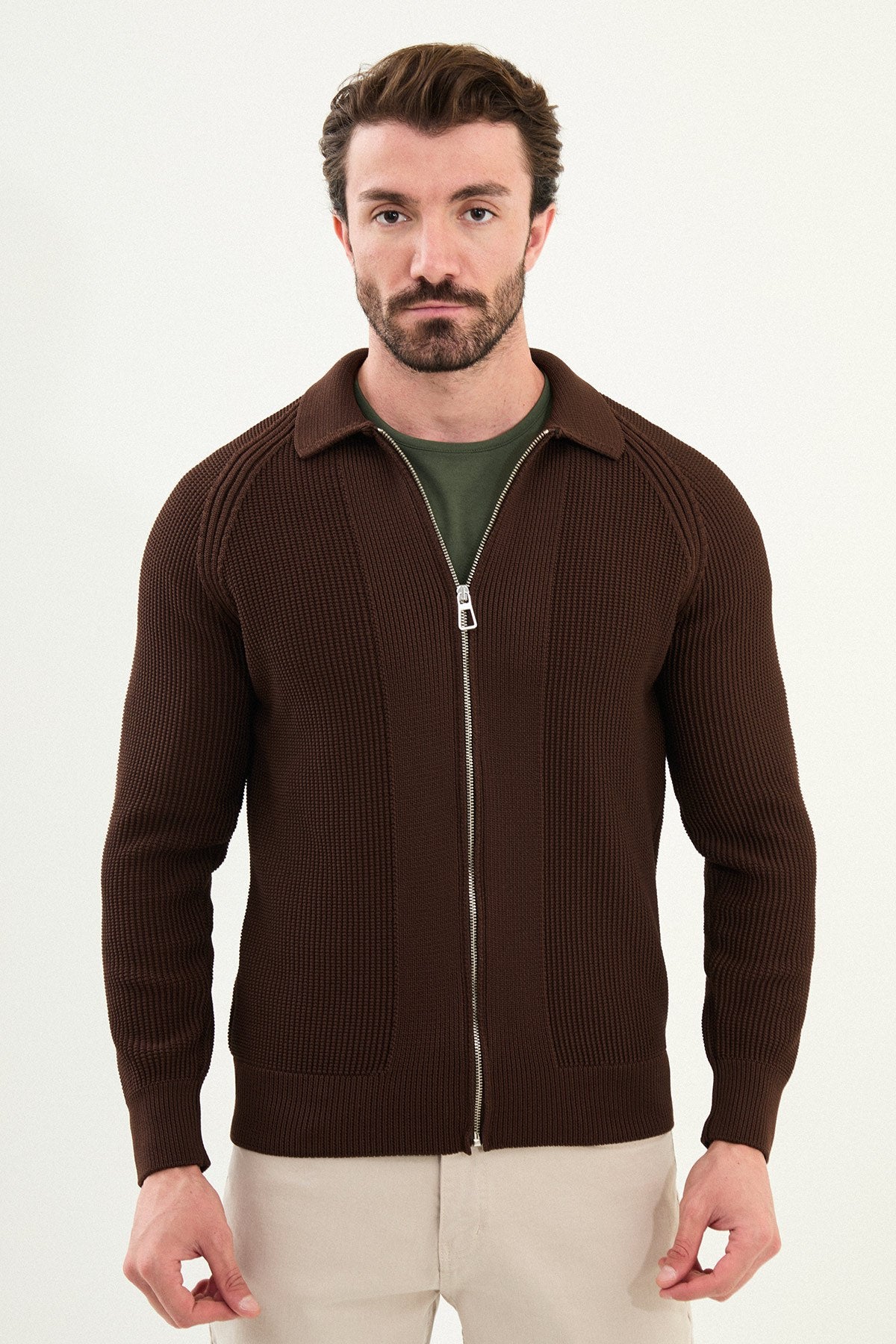 Men’s Brown Ribbed Slim Fit Zip-Up Knitwear Cardigan Sweater
