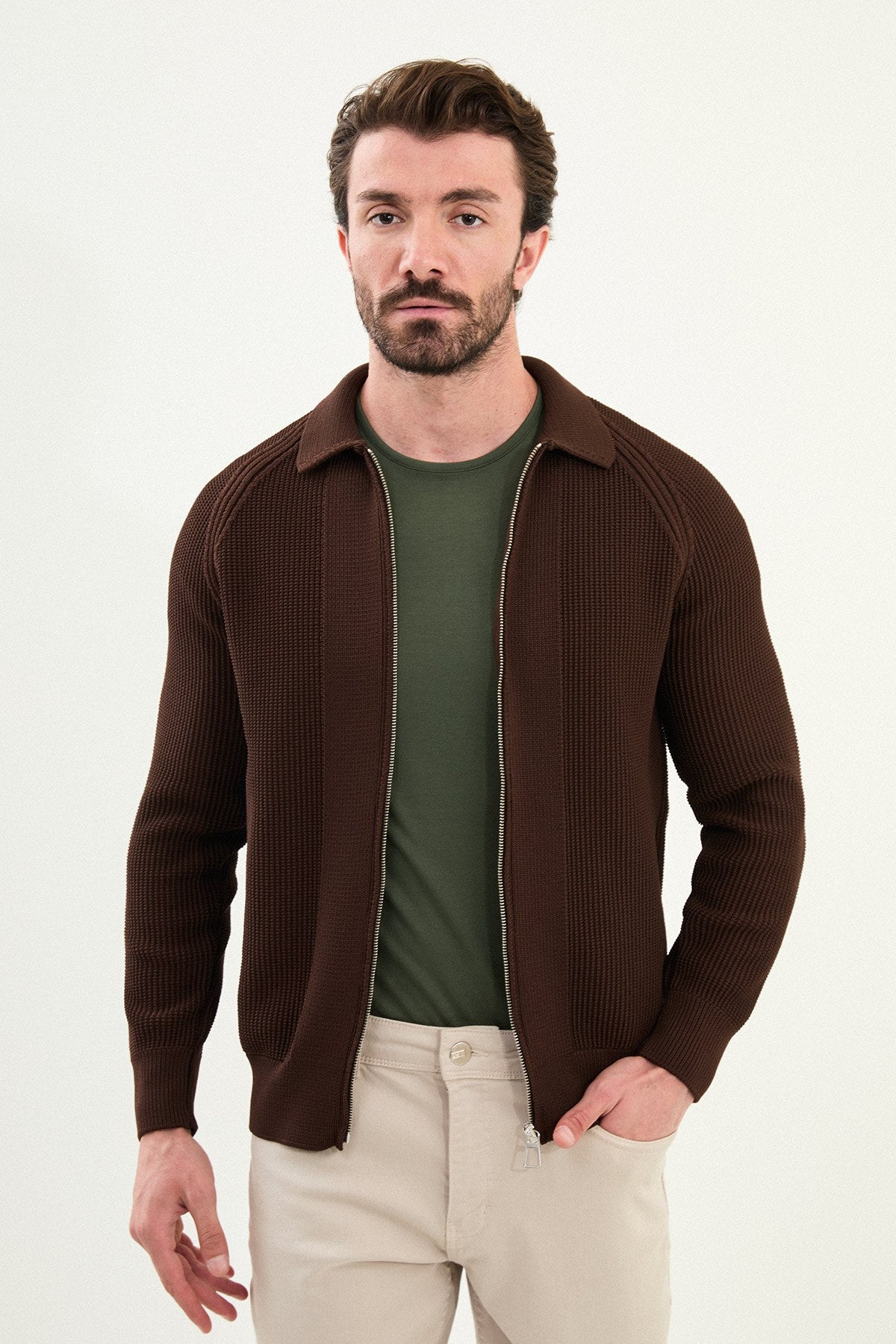 Men’s Brown Ribbed Slim Fit Zip-Up Knitwear Cardigan Sweater