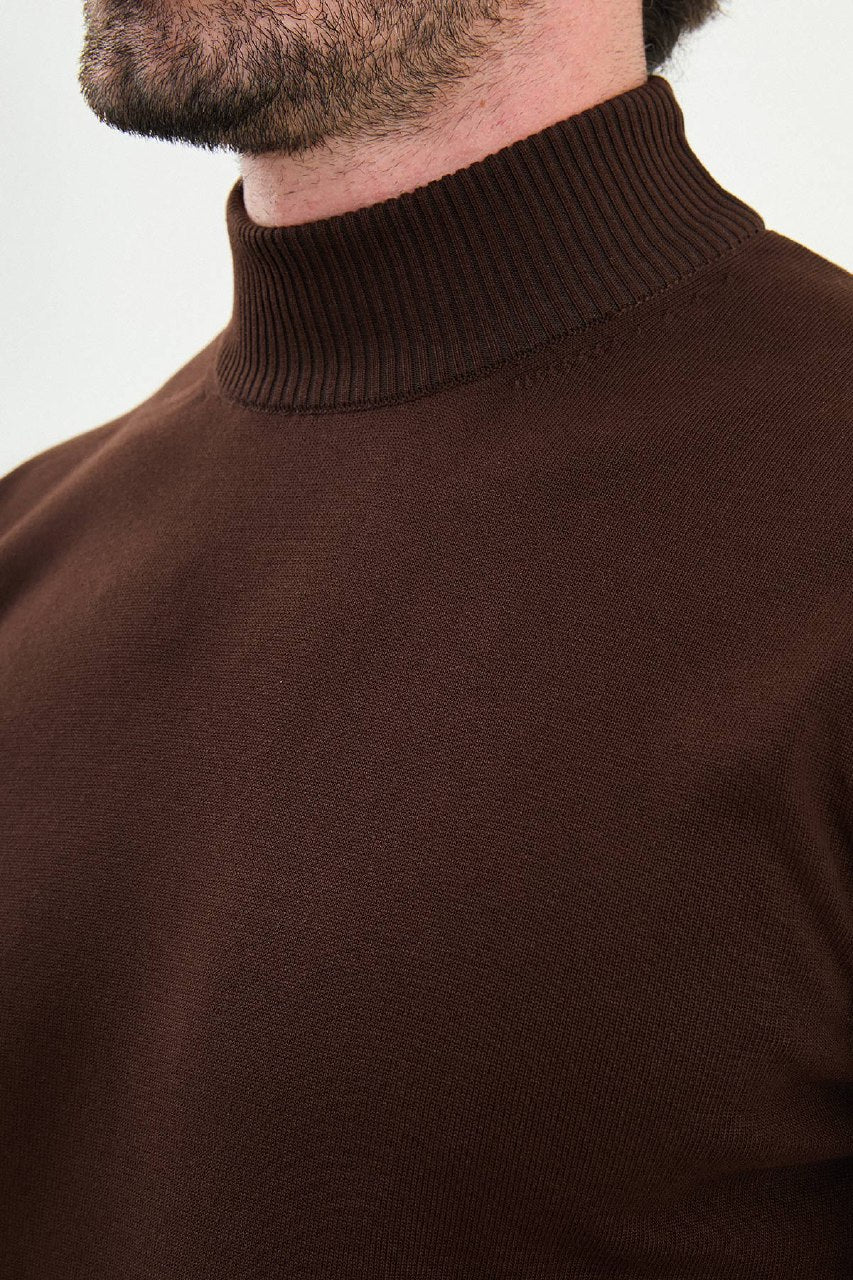 Men’s Brown Slim Fit Mock Neck Knitwear Sweater
