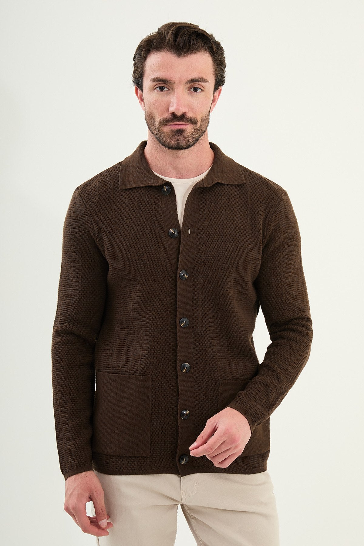 Men’s Brown Textured Button-Up Knit Cardigan