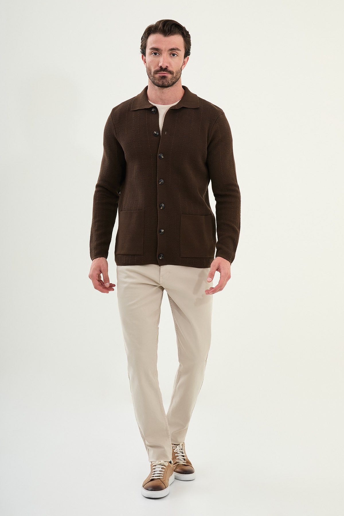 Men’s Brown Textured Button-Up Knit Cardigan