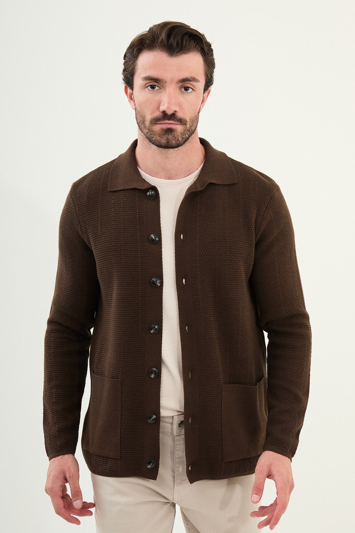 Men’s Brown Textured Button-Up Knit Cardigan