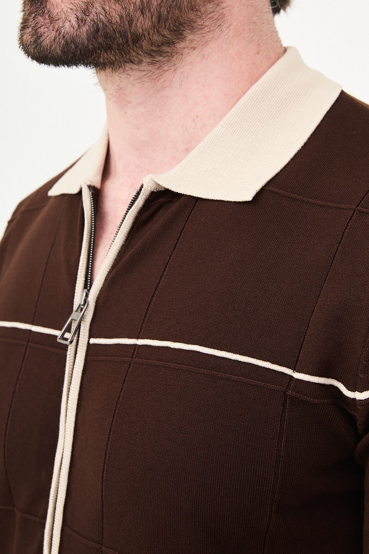 Men’s Brown Zip-Up Knit Polo Shirt