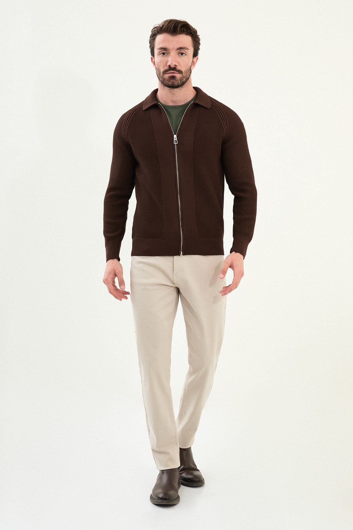 Men’s Brown Zip-Up Slim Fit Knitwear Sweater