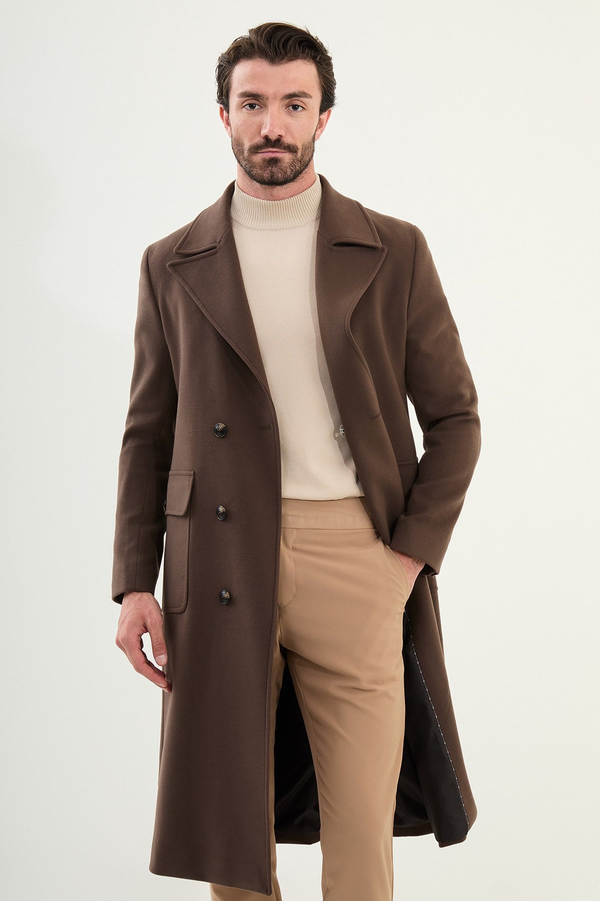 Men’s Chocolate Brown Double-Breasted Long Trench Coat